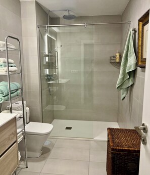 Dusche, Haartrockner, Handtücher, Seife