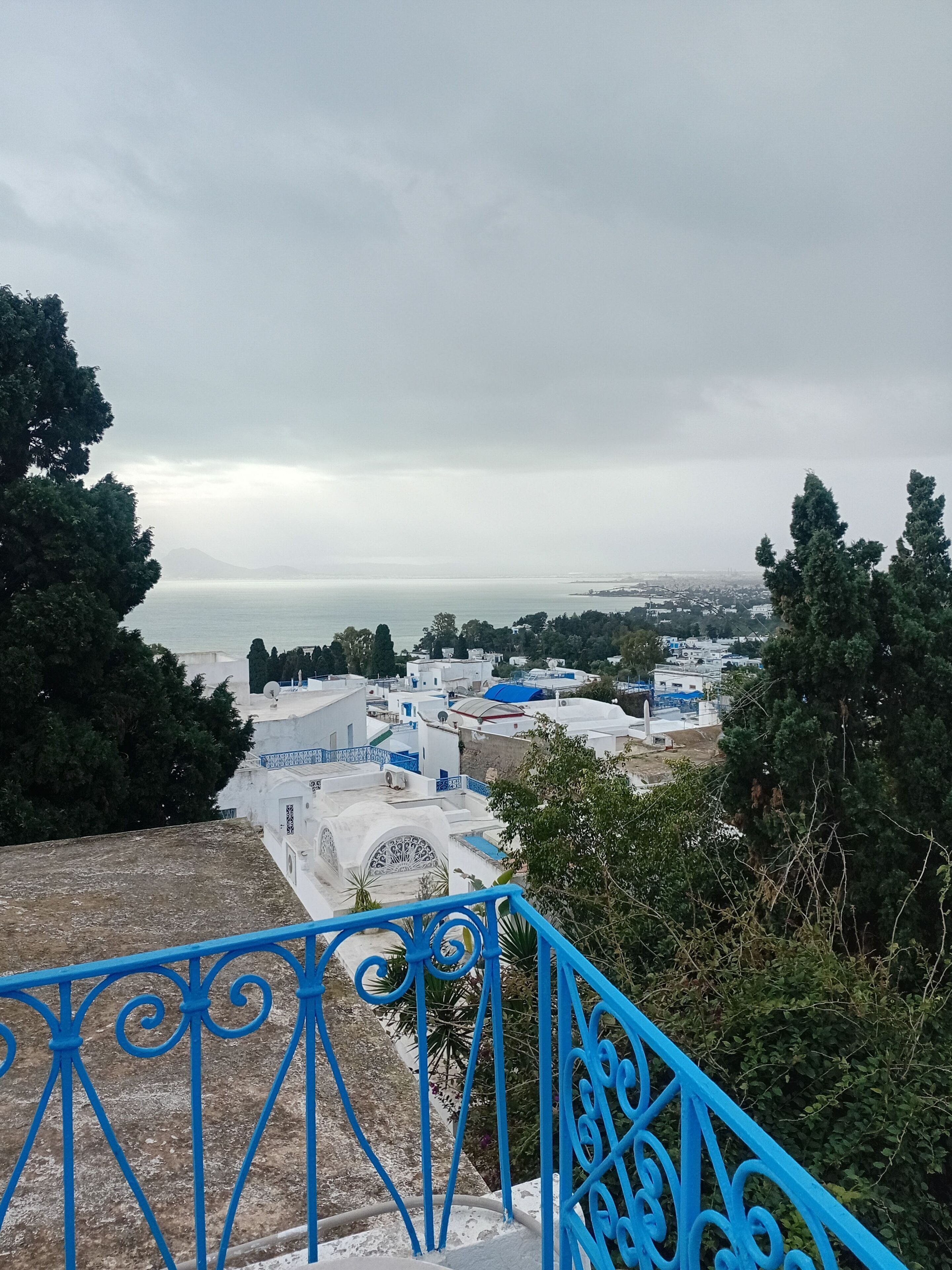 A coastal town with white buildings, a blue railing, and a view of the sea.
