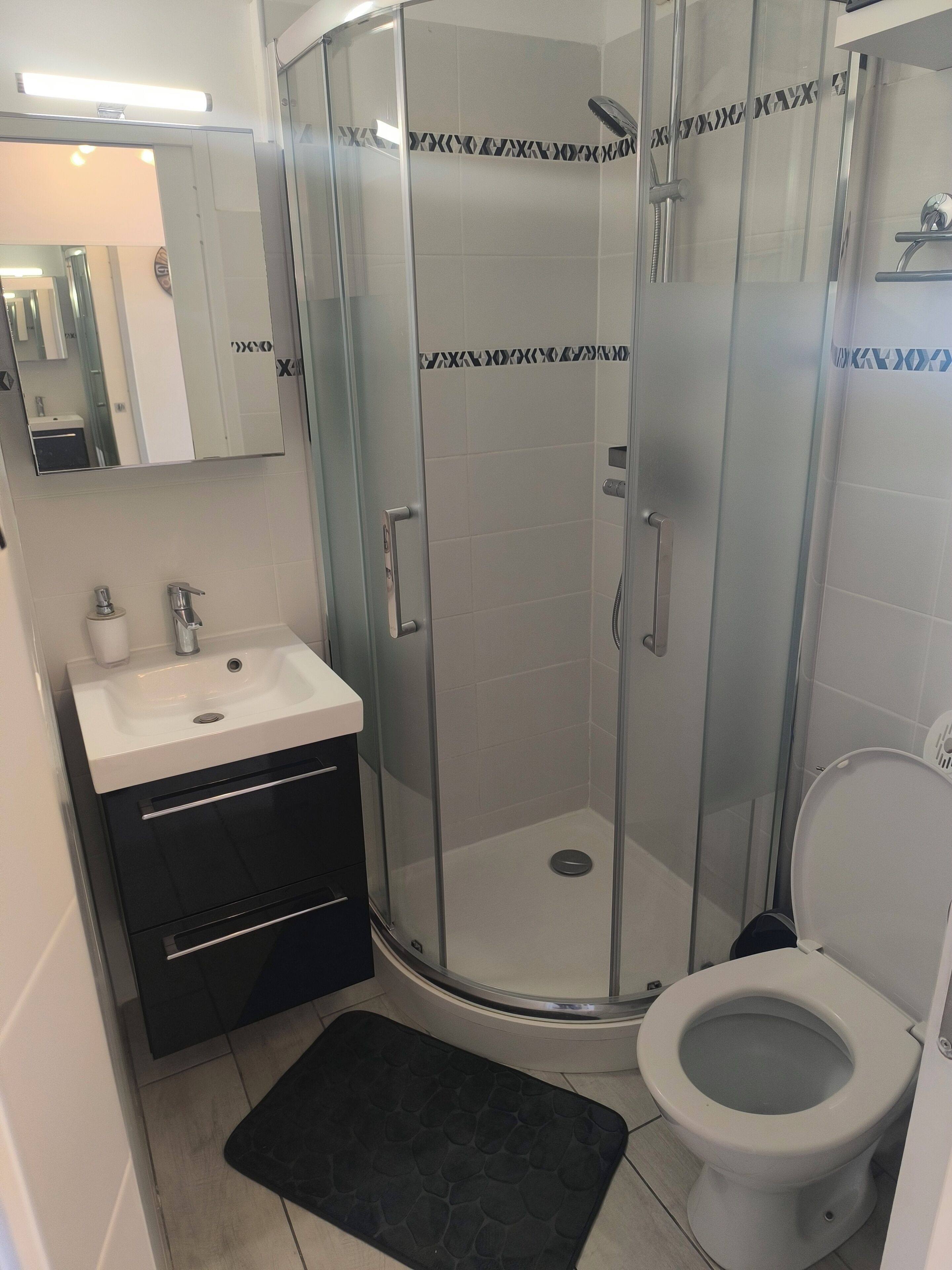 Un baño moderno con ducha de vidrio, un lavamanos blanco y un inodoro.