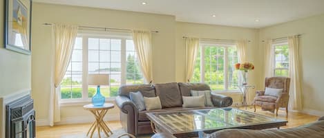 Smart TV, fireplace, books, stereo