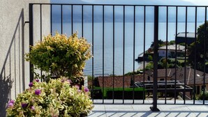 Een balkon met een metalen hekwerk, een bloempot en uitzicht op een meer en bergen.