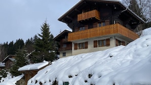 Ein mehrstöckiges Chalet mit Holzbalkonen, umgeben von verschneiter Landschaft und Bäumen.