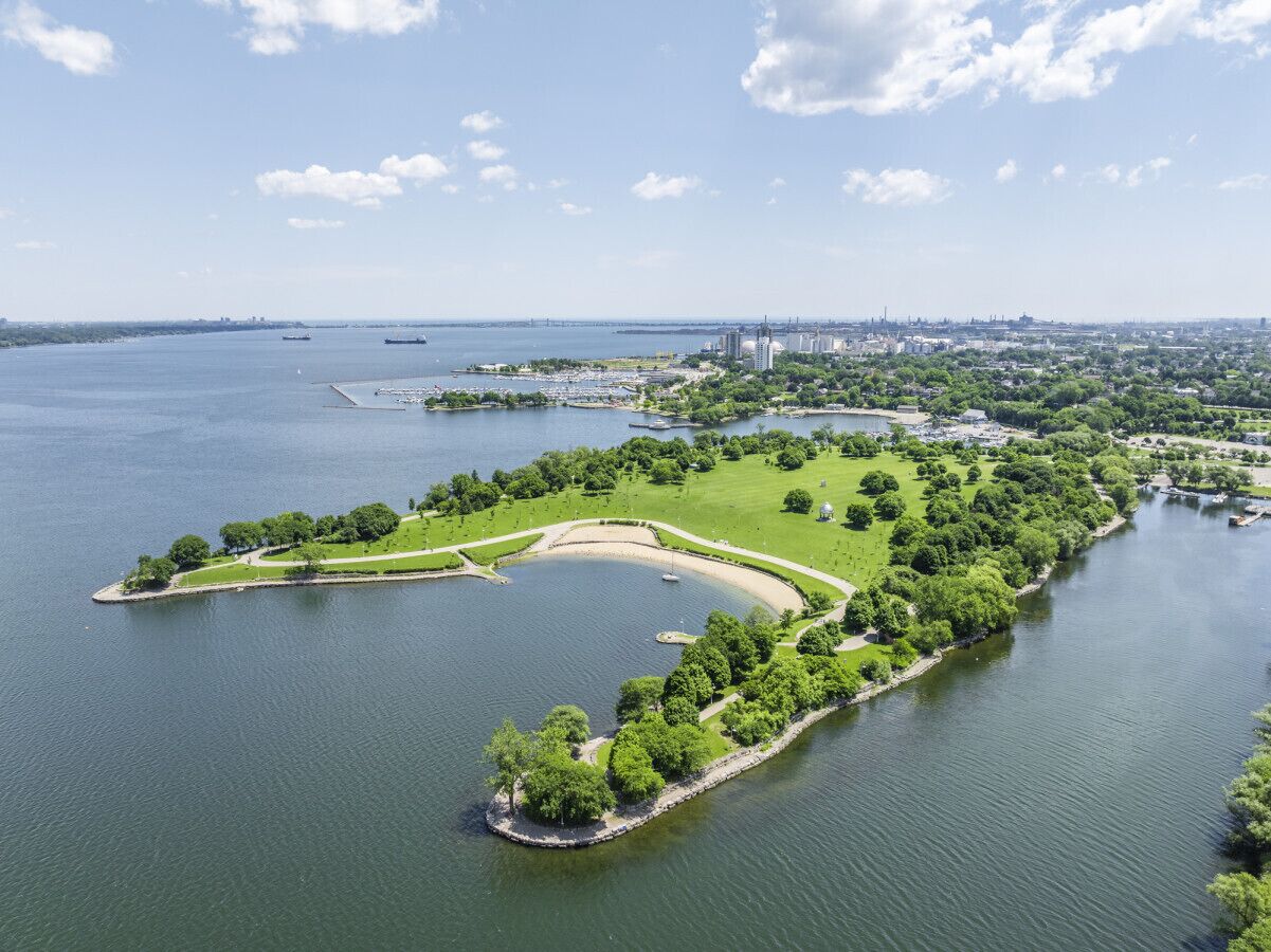 Eine Vogelperspektive eines Parks mit einem See, umgeben von viel Grün und einer Stadtlandschaft im Hintergrund.