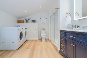 Shower, hair dryer, towels