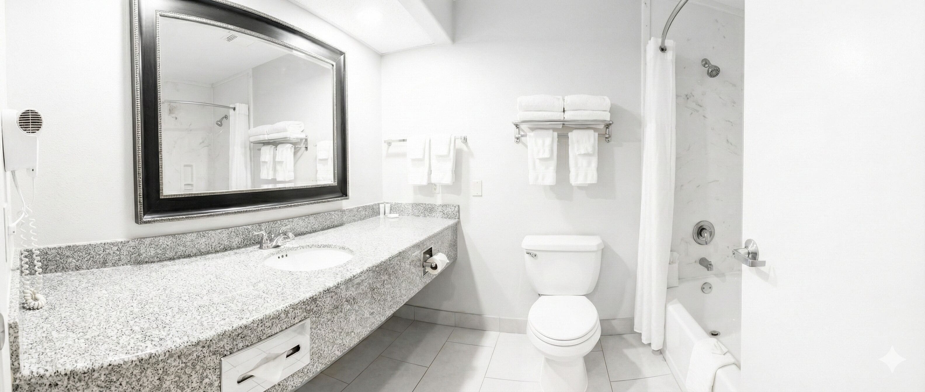 Hair dryer, towels, soap, toilet paper