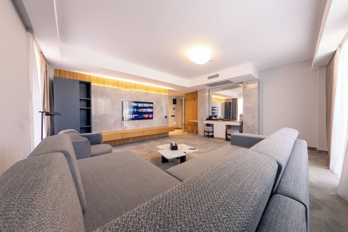 Deluxe Apartment, Balcony, City View | Living area | TV
