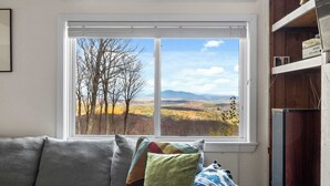 Una habitación con ventana que da a un paisaje, un sofá gris con cojines estampados y una estantería de madera.