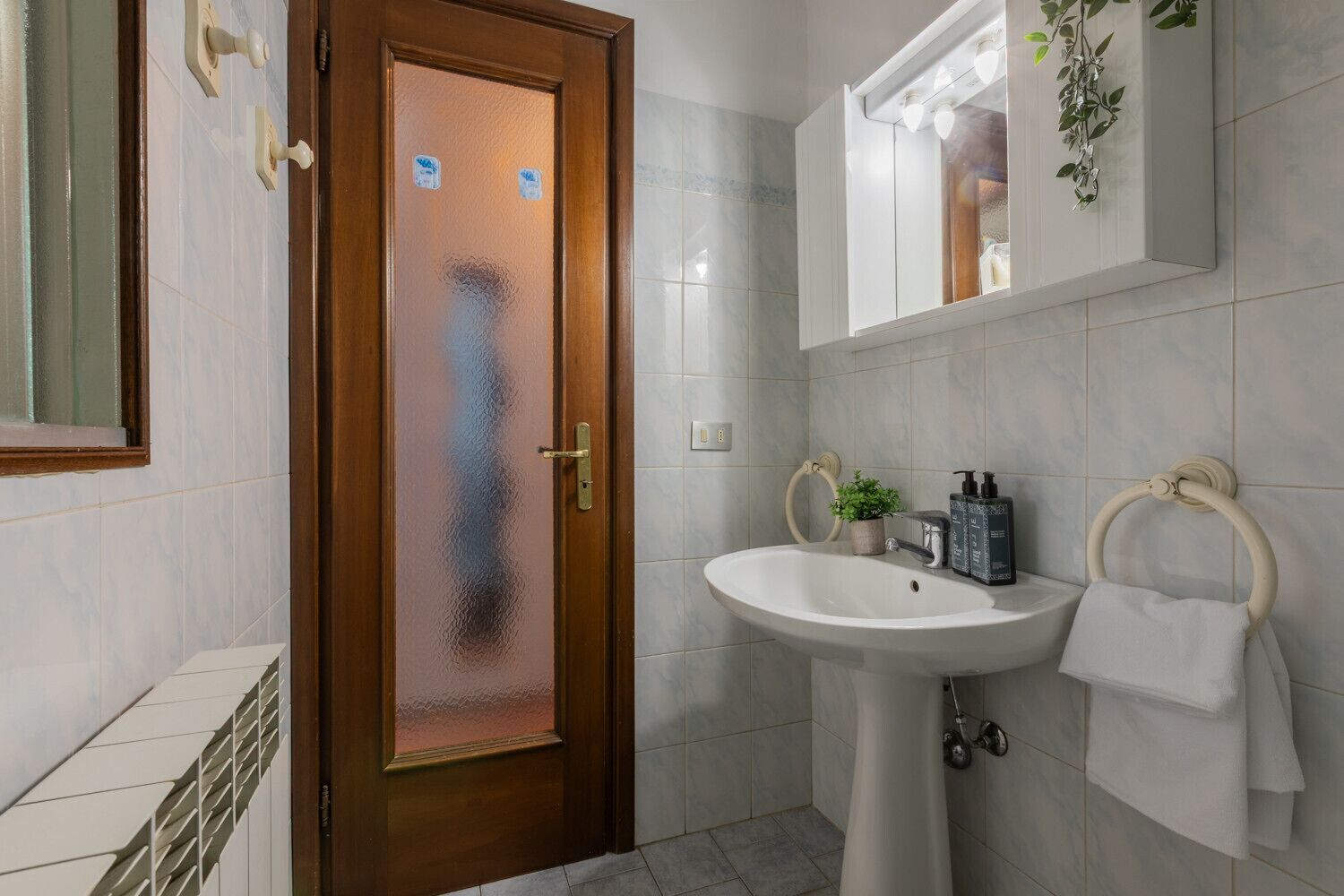 A bathroom with a wooden door, a white sink, a mirror, and a towel ring.