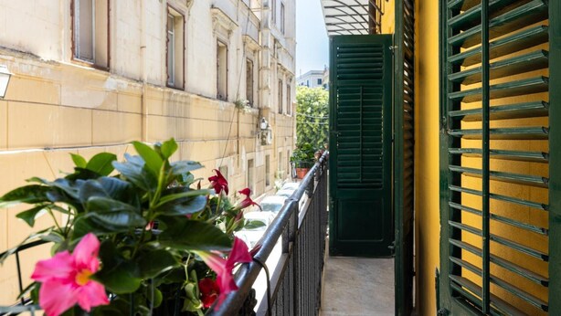 Un balcó amb barana de metall, una porta verda i plantes en testos.