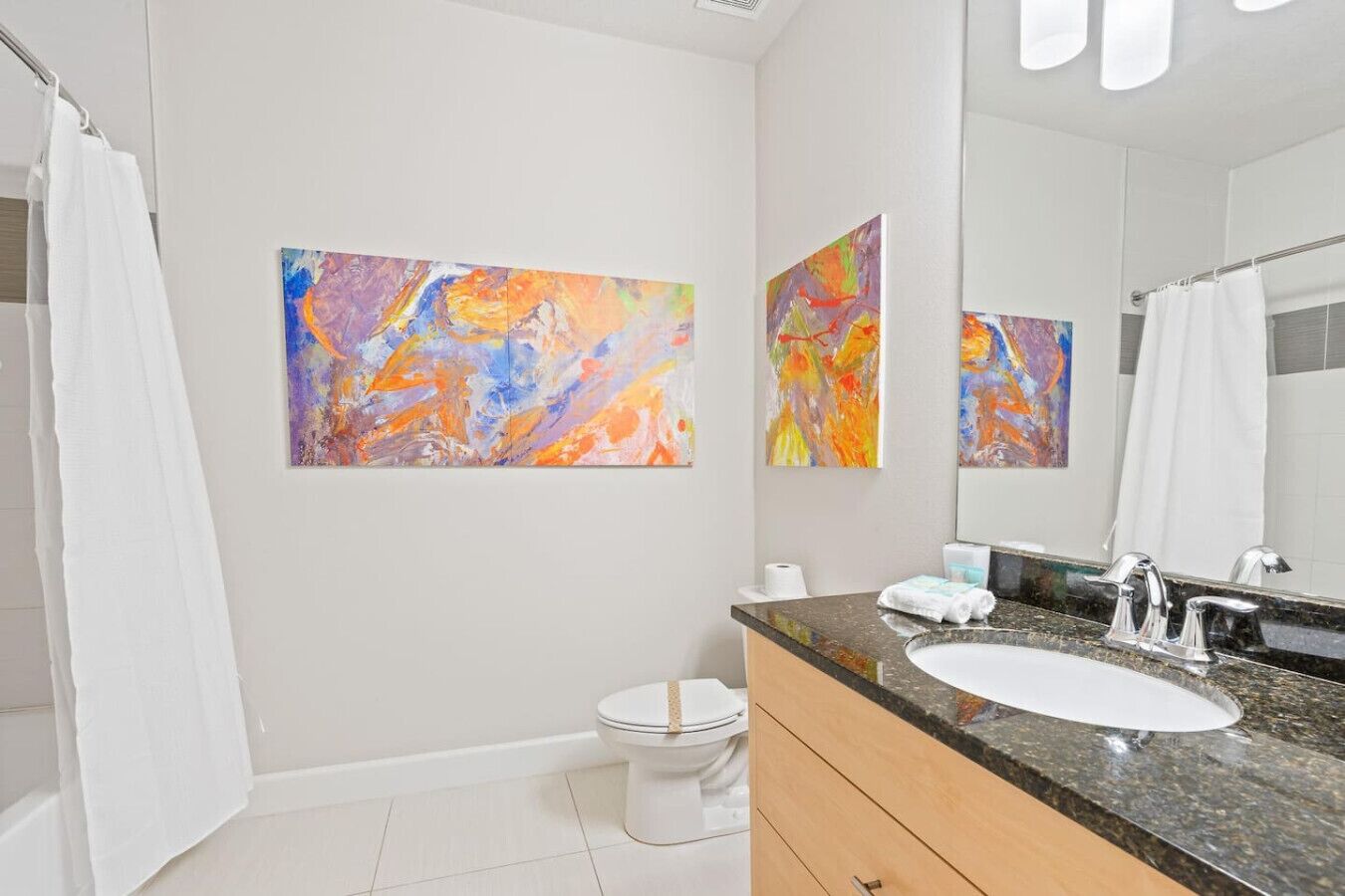 A modern bathroom with a white toilet, a sink with a granite countertop, and two abstract paintings on the wall.