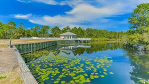 A serene lake with lily pads, a wooden dock, and a small building with a dome roof. - 🌴Lake + Pool Views | 4 Bikes | Under 550yds to Beach | Paradise 2205 (Santa Rosa Beach)