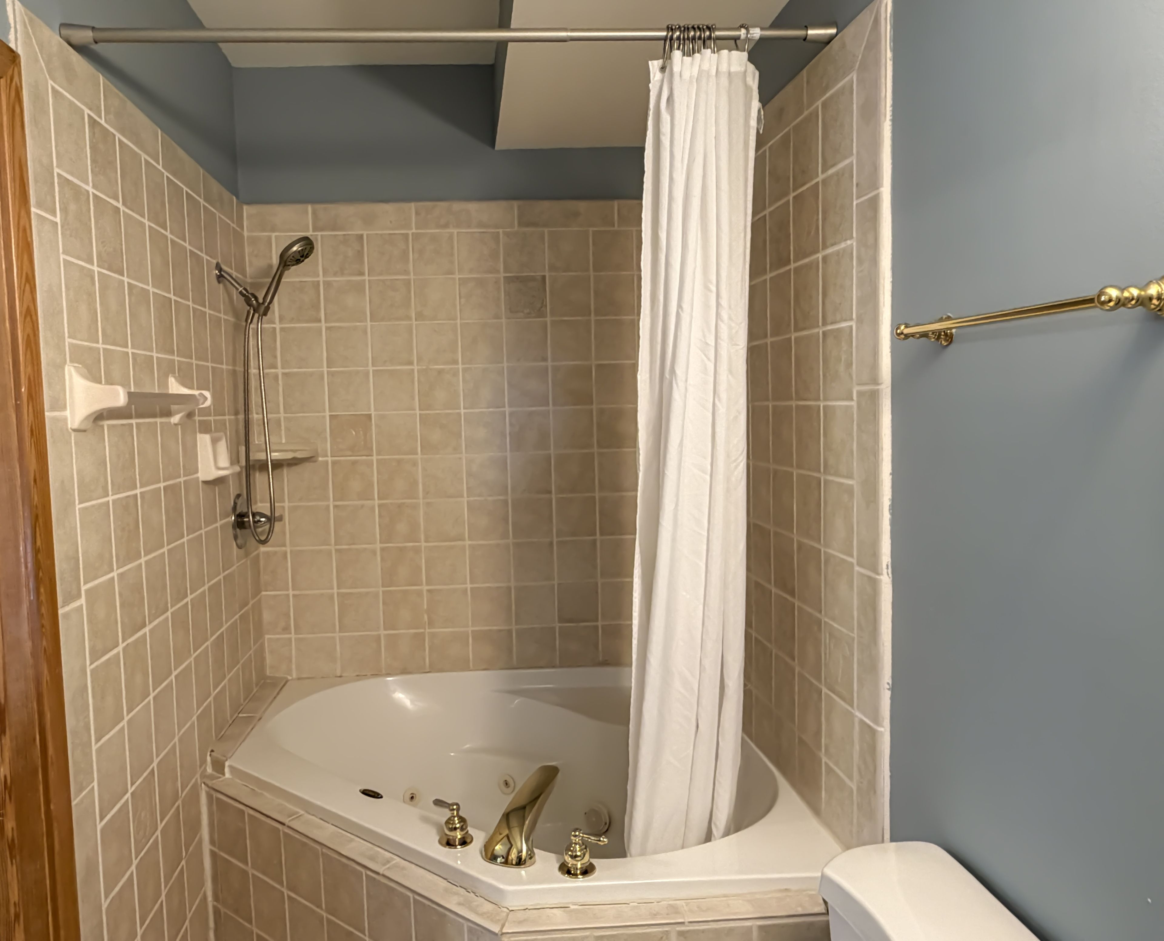 A bathroom with a bathtub, shower, and toilet.