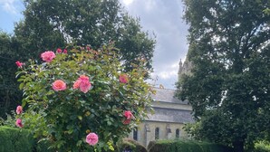 Un jardin où l’on peut admirer une grande variété de fleurs, avec un bâtiment en arrière-plan.