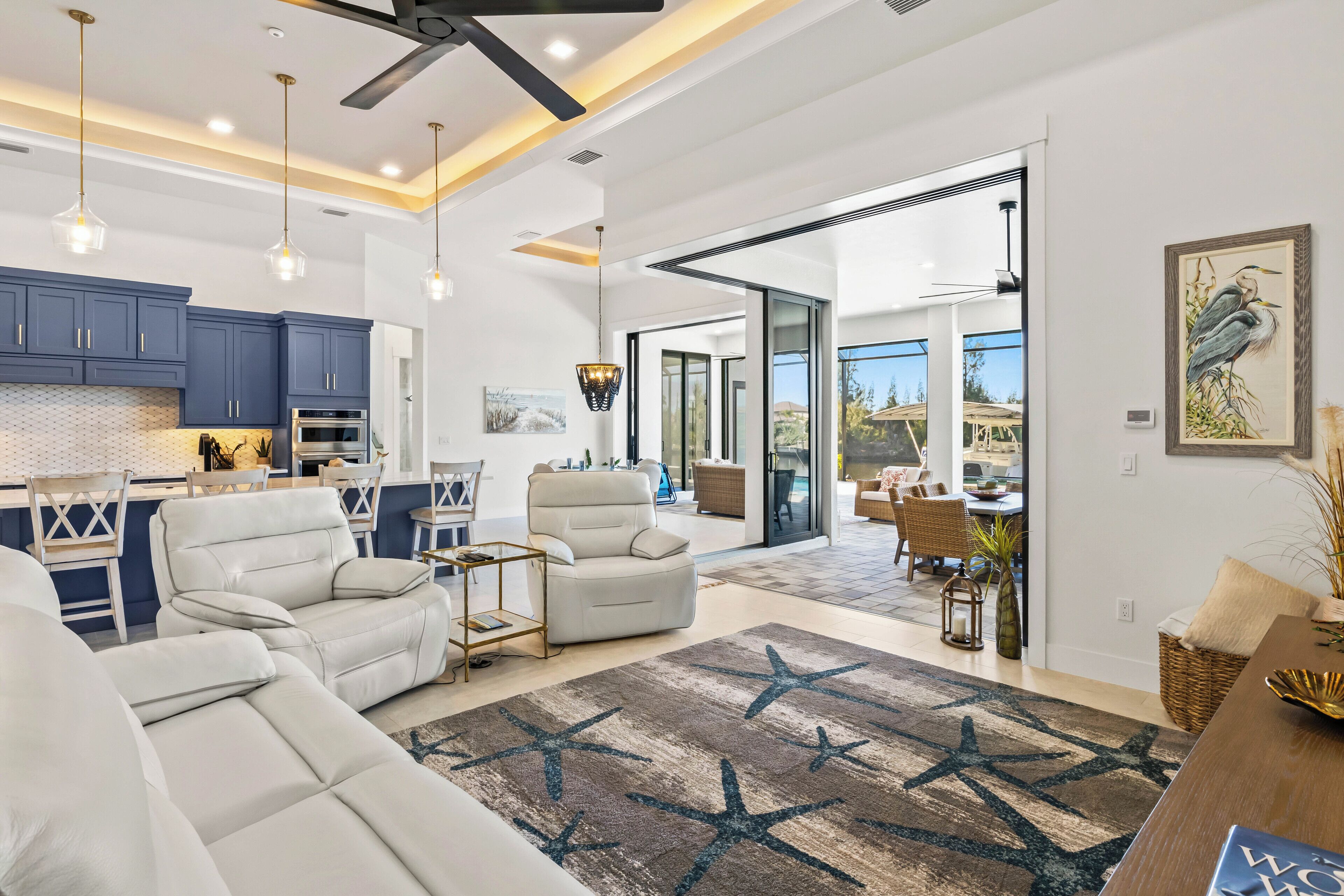 Smart TV, fireplace, books, stereo