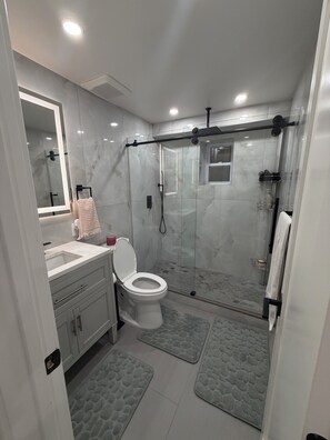 Hair dryer, towels, soap, toilet paper