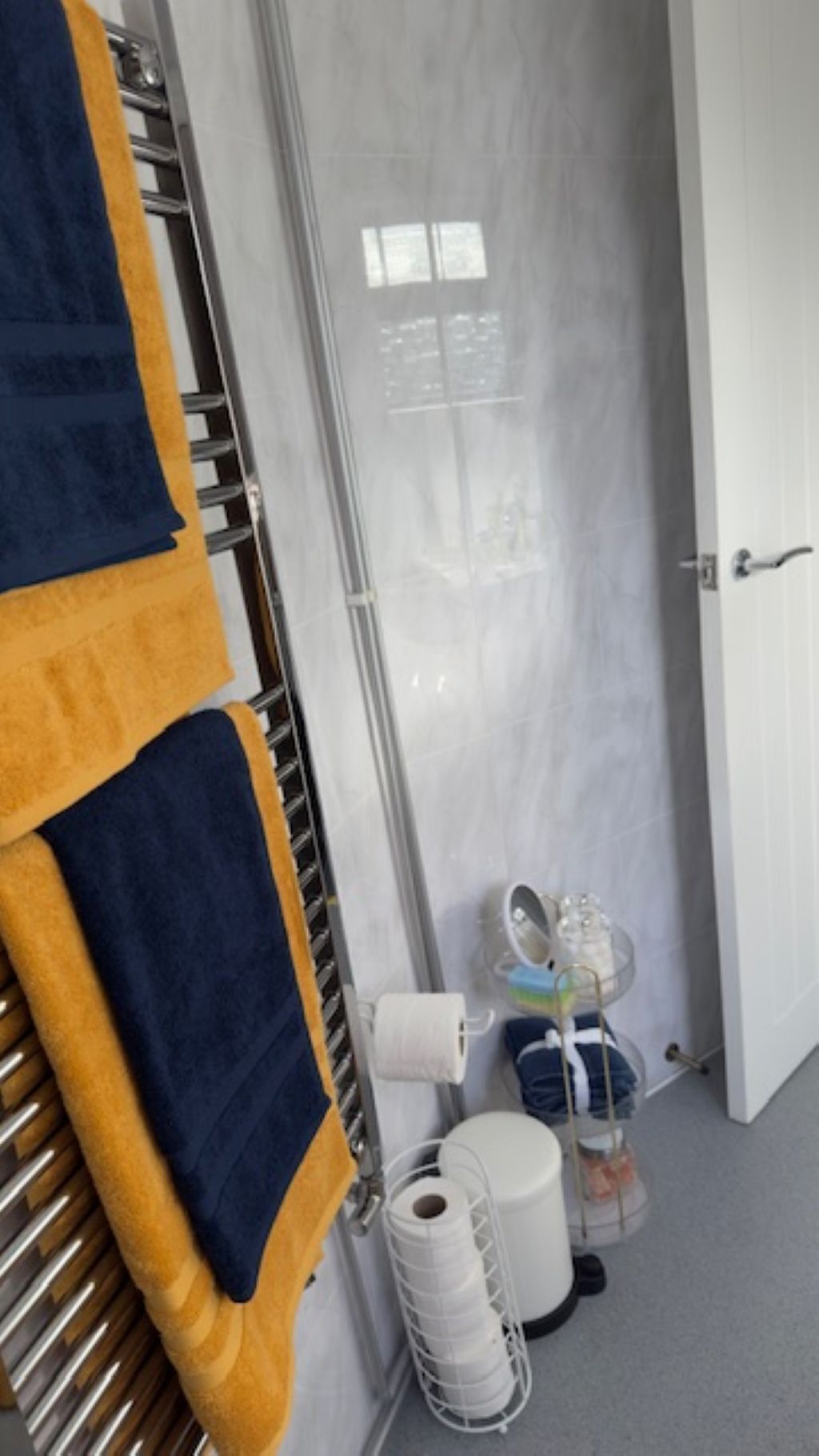 Hair dryer, towels, soap, toilet paper