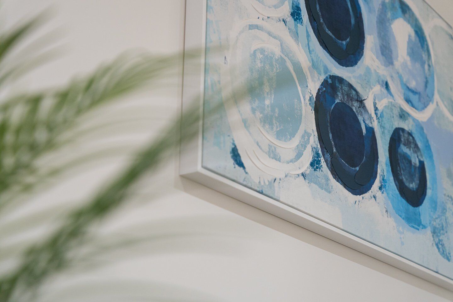 Une peinture abstraite encadrée, composée de cercles concentriques et d’une plante verte floue au premier plan.