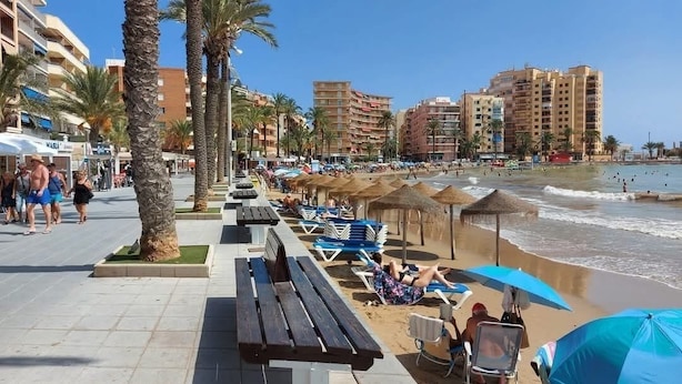 A beachside promenade with benches, umbrellas, and palm trees. - 2BR Apartment Center of Torrevieja (Torrevieja)