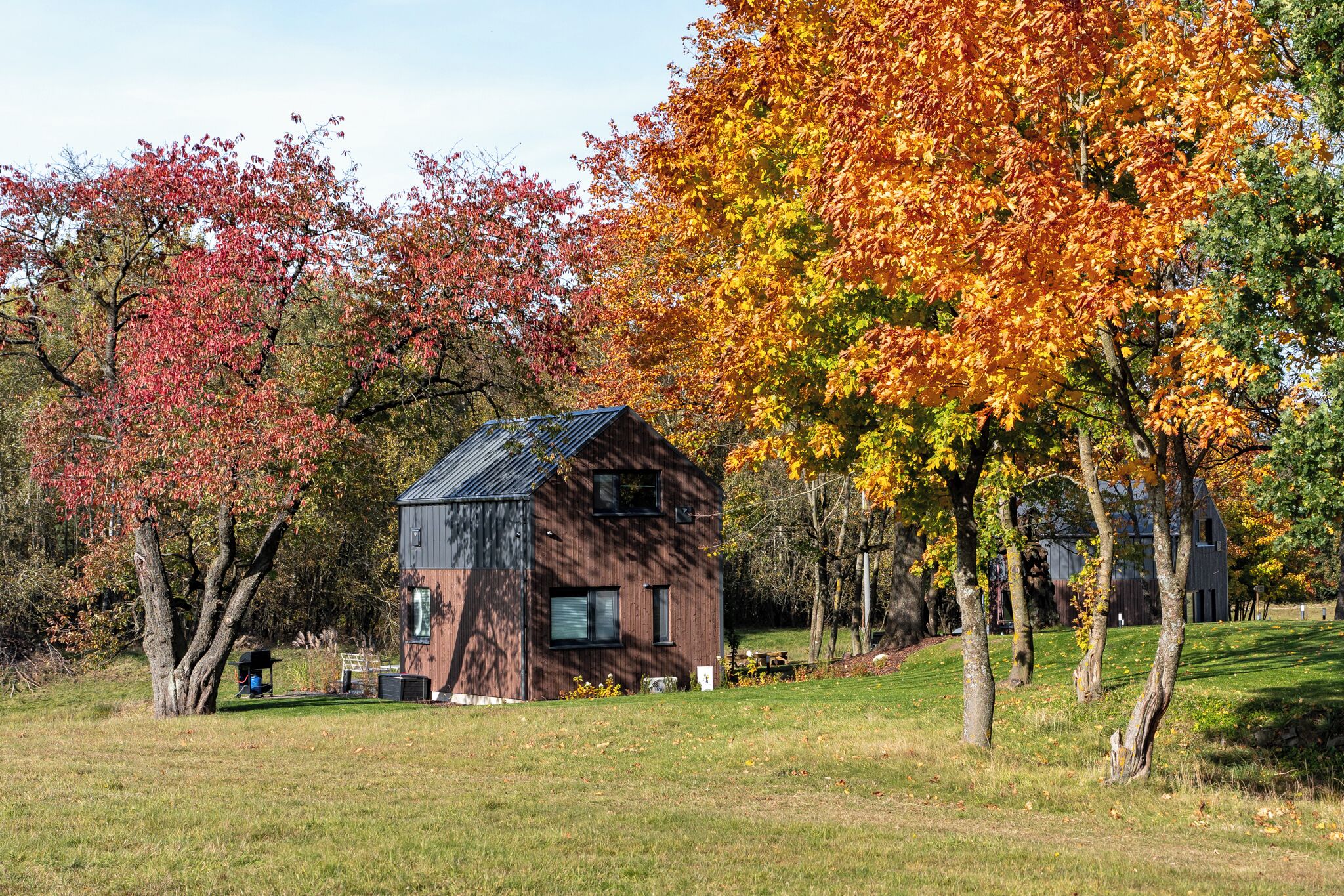A rustic cabin with a sloped roof, surrounded by trees with autumn foliage.