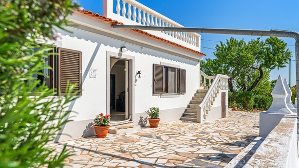 A white building with a tiled roof, a staircase, and a potted plant in front.