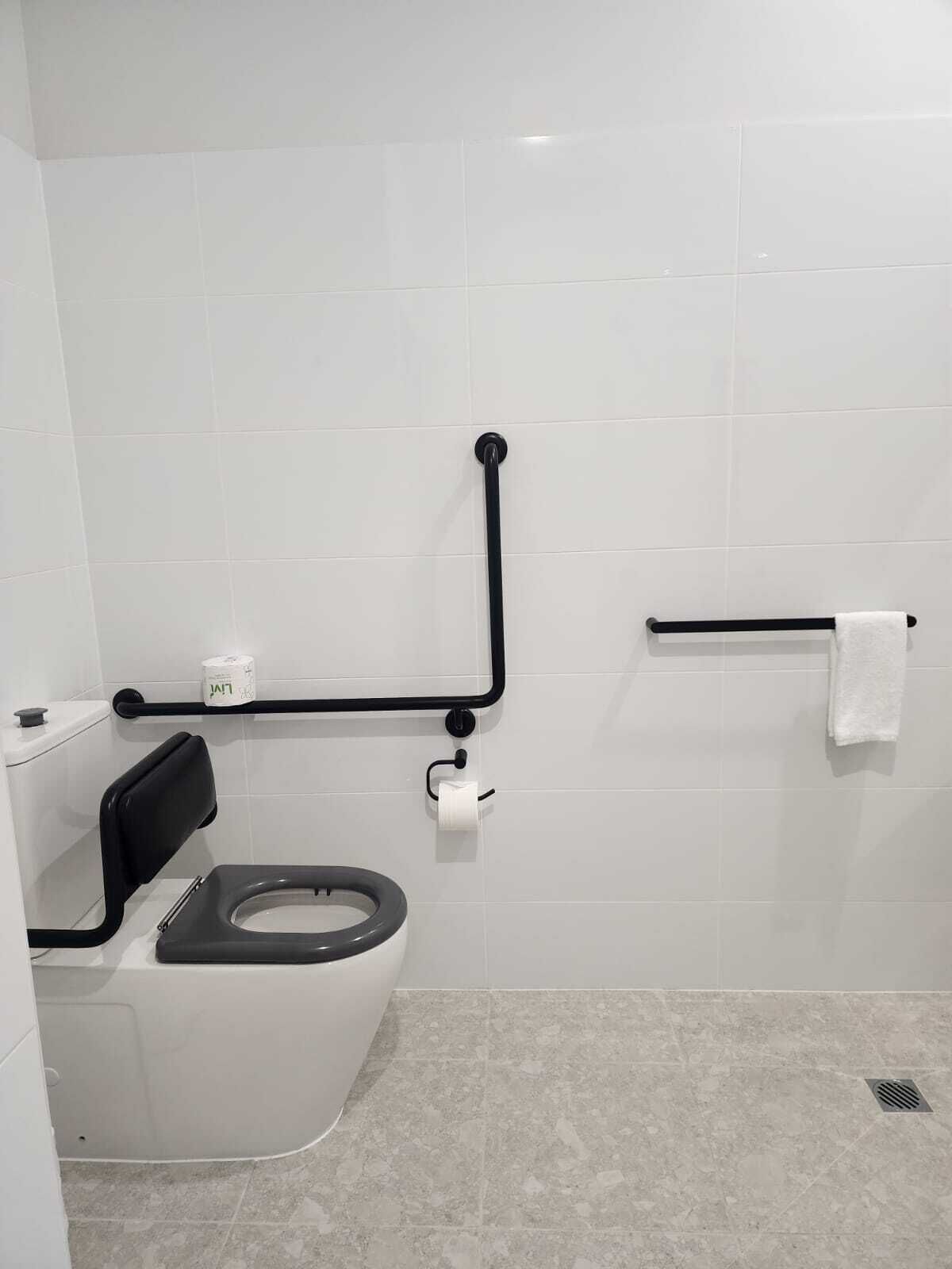 A modern bathroom with a toilet, grab bars, a towel rack, and a toilet paper holder.