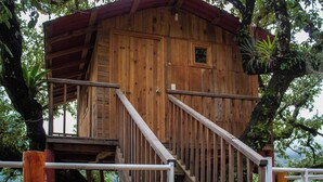 A wooden treehouse with a wooden staircase and a metal railing. - Cabañas Xakali (San Joaquín)