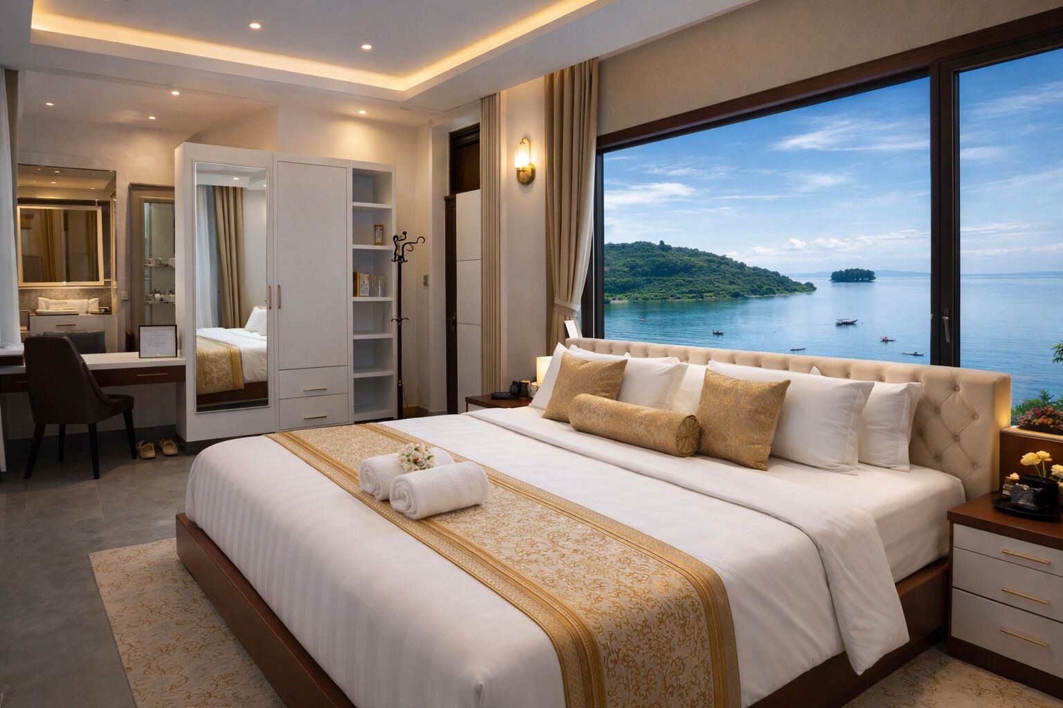 Deluxe dubbelrum - sjöutsikt | Badrum | Dusch, hårtork, tofflor och handdukar