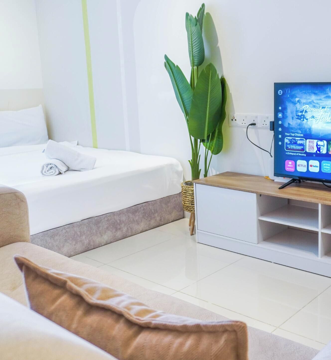 A modern hotel room with a bed, a TV, a plant, and a sofa.