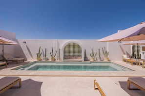 Un área de piscina con sillones reclinables, sombrillas y cactus en macetas.