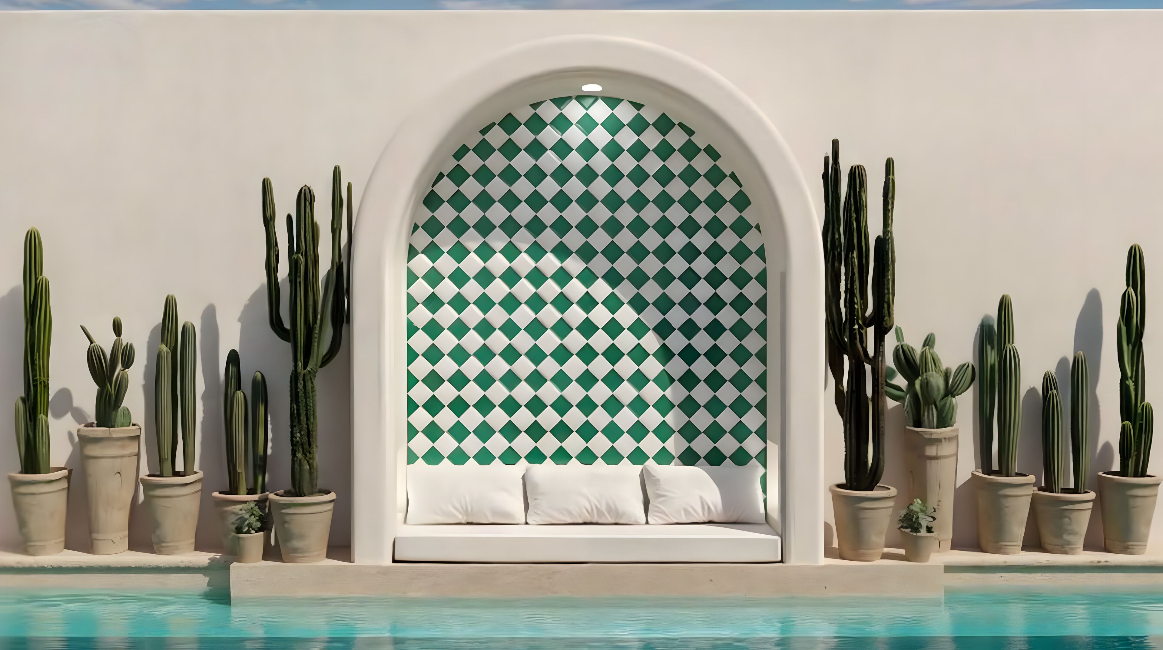 Una piscina al aire libre, sombrillas, sillones reclinables de piscina