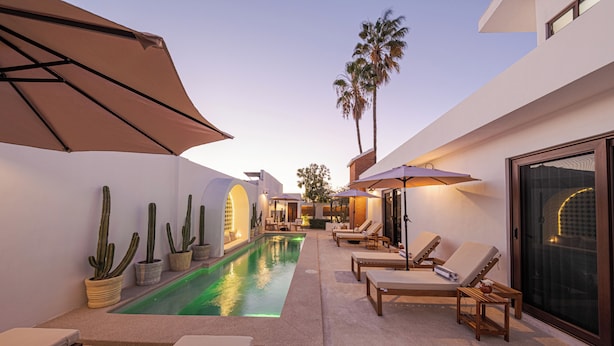 Un área de piscina con sillones, sombrillas y cactus.