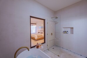 A modern bathroom with a bathtub, a glass shower enclosure, and a mirror reflecting a bedroom with a bed and a window. - Abasolo ClubHouse  (La Paz)