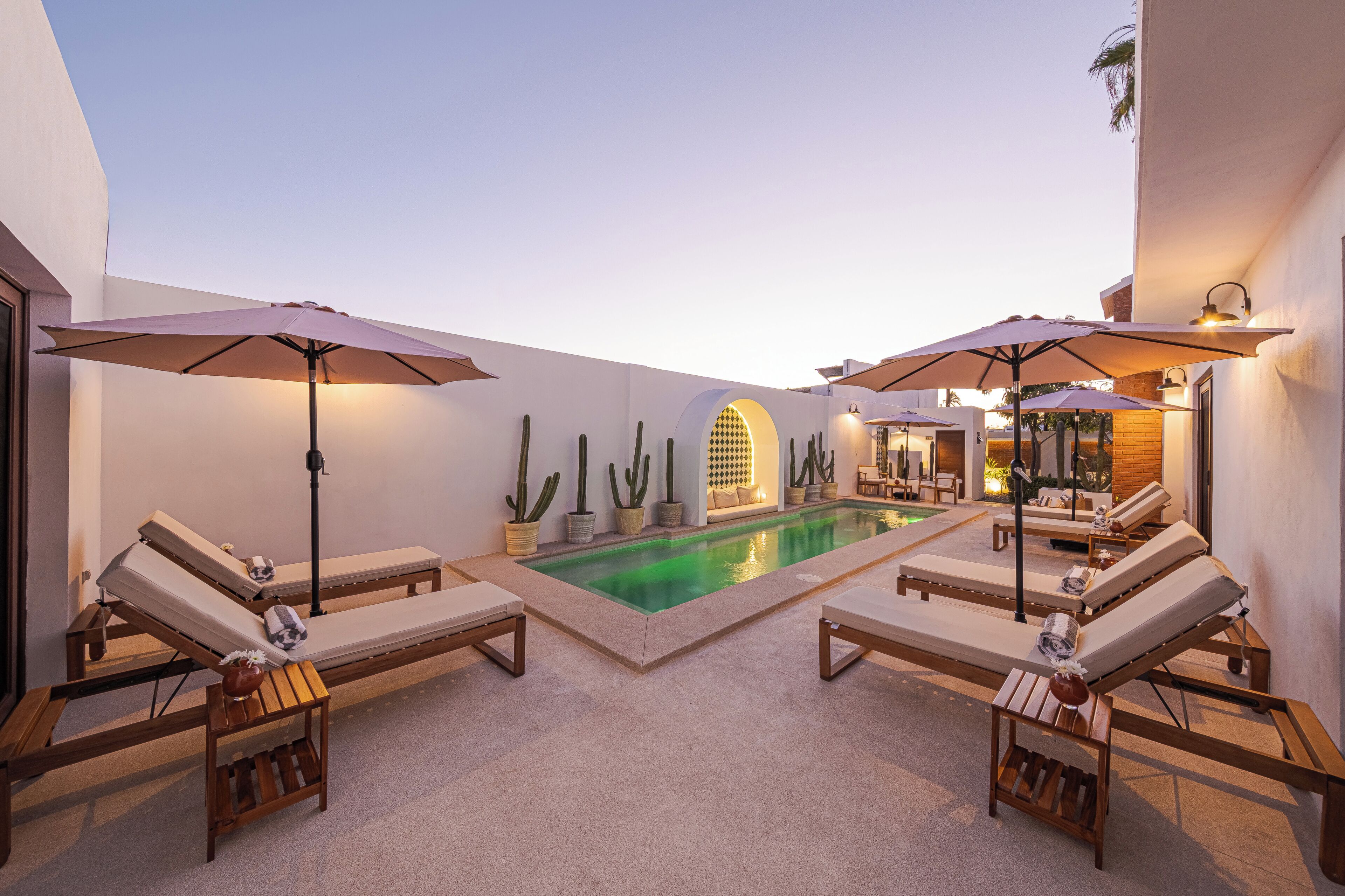 A poolside area with lounge chairs and umbrellas, a pool, and cacti.