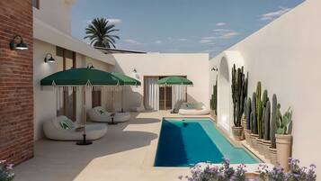 Outdoor pool, open 6:00 AM to 10:00 PM, pool umbrellas, sun loungers