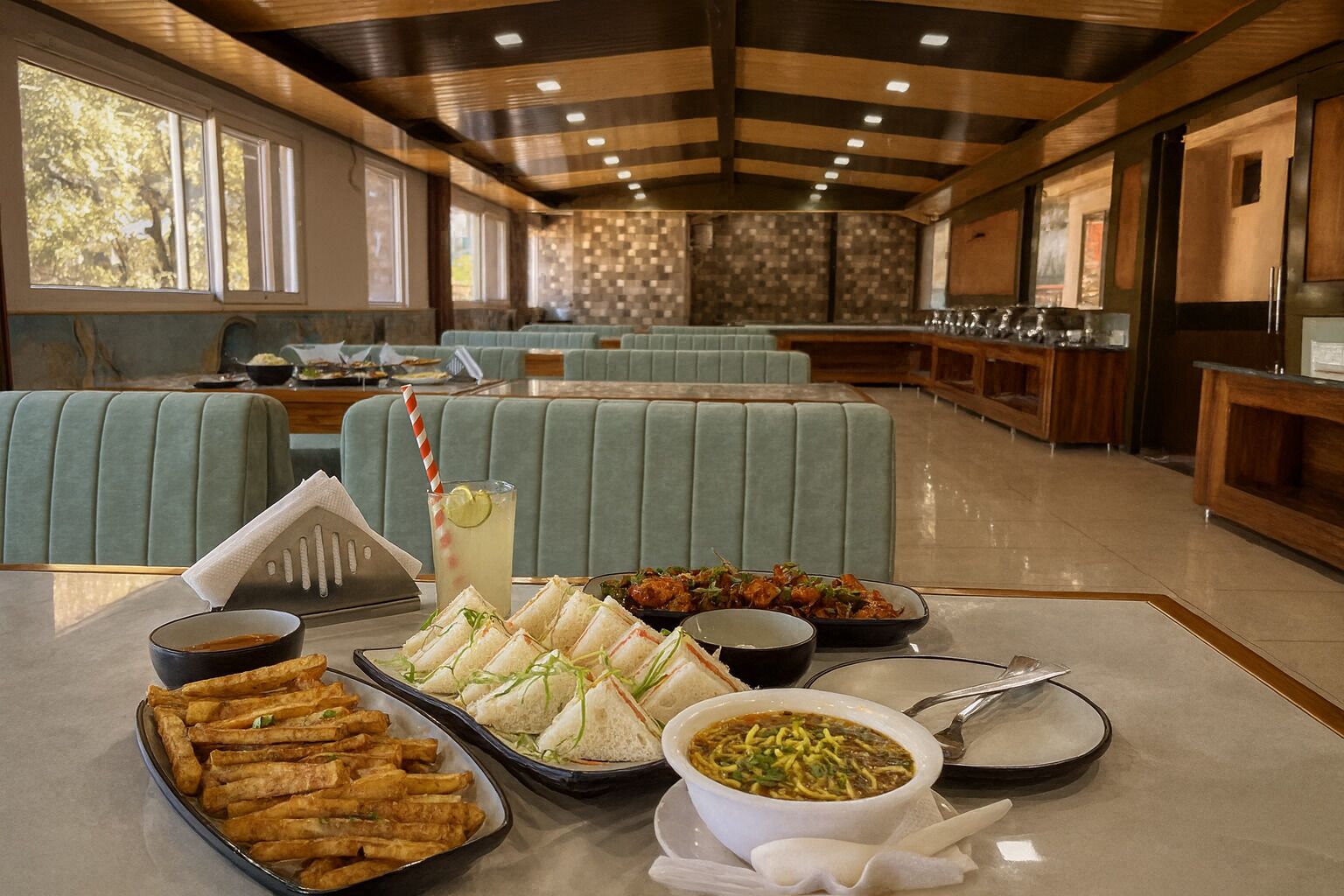 A buffet setup with sandwiches, fries, and soup in a dining area with green upholstered booths and a tiled backsplash.