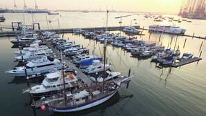 Ein Yachthafen mit mehreren vertäuten Booten, ein großes Schiff im Hintergrund und eine Stadtansicht am Horizont über dem Wasser.