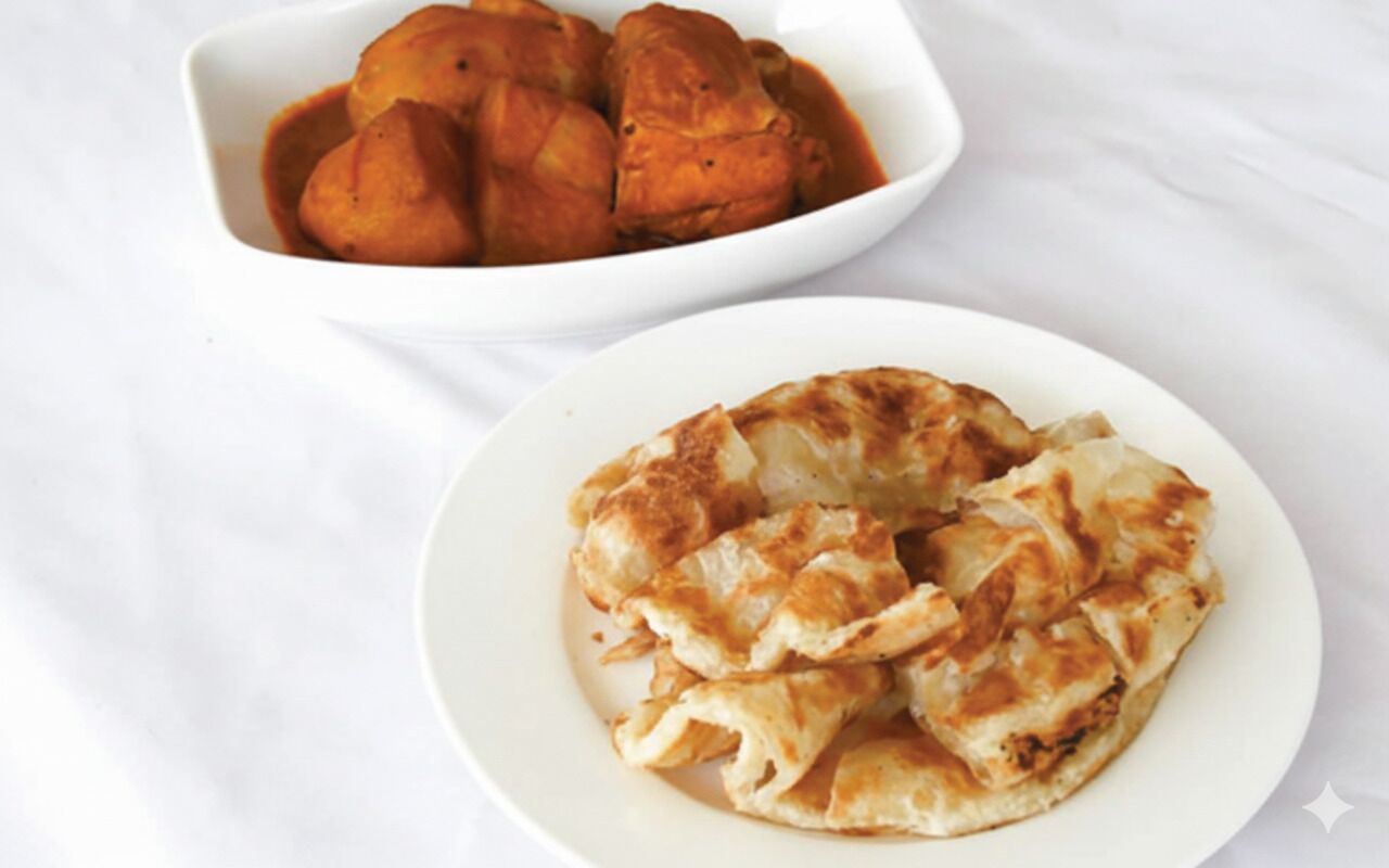Un plato blanco con un pastelito doblado y un bol blanco que contiene varios pasteles redondos.