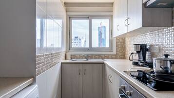 Apartment, 1 Double Bed, Kitchen, City View | Private kitchen | Full-size fridge, microwave, oven, stovetop