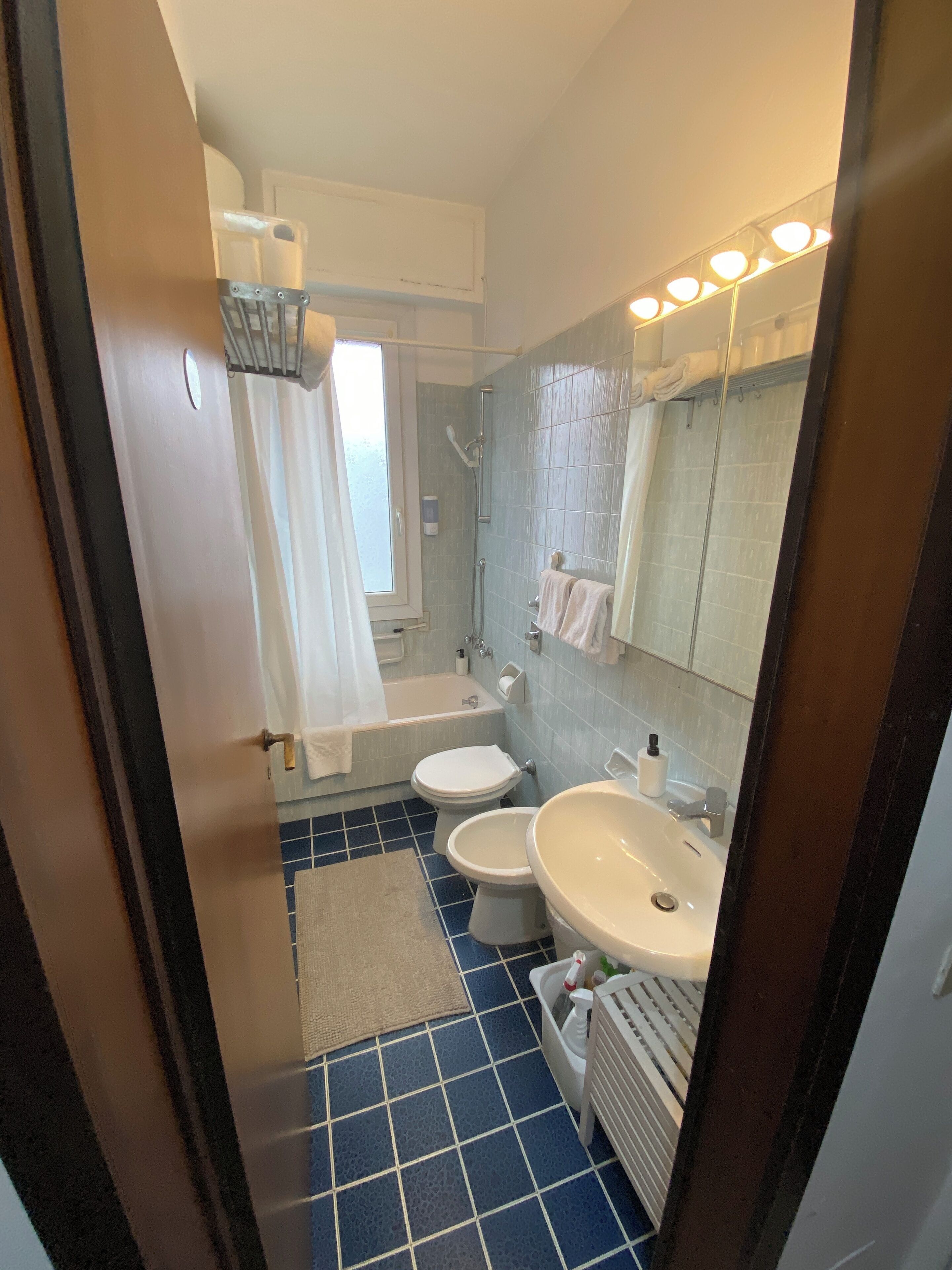 Ein Badezimmer mit einer Badewanne, zwei Toiletten, einem Waschbecken und einem Spiegel.