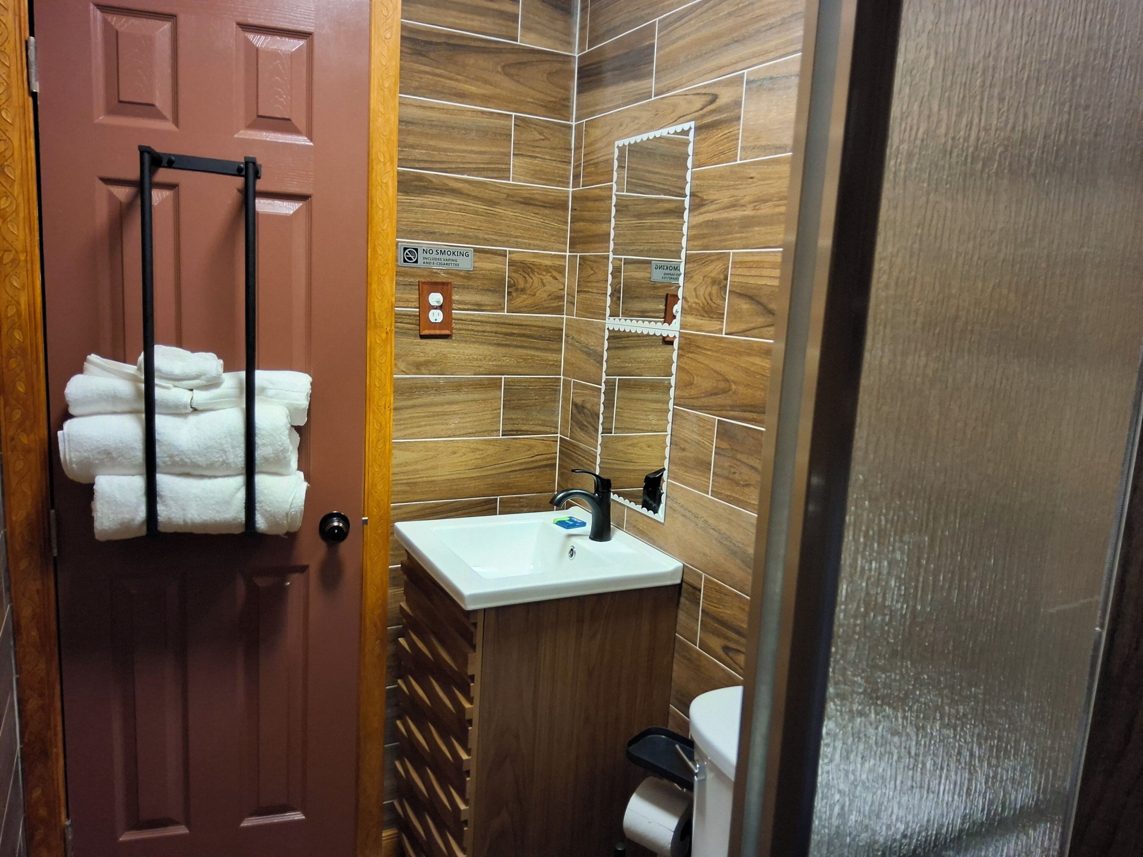 Shower, towels, soap, shampoo