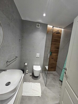 Appartamento Basic, vista città | Bagno | Doccia, asciugamani, sapone, shampoo