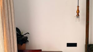 Una habitación con un escritorio de madera, una silla, una planta en maceta, una lámpara colgante y una cama.