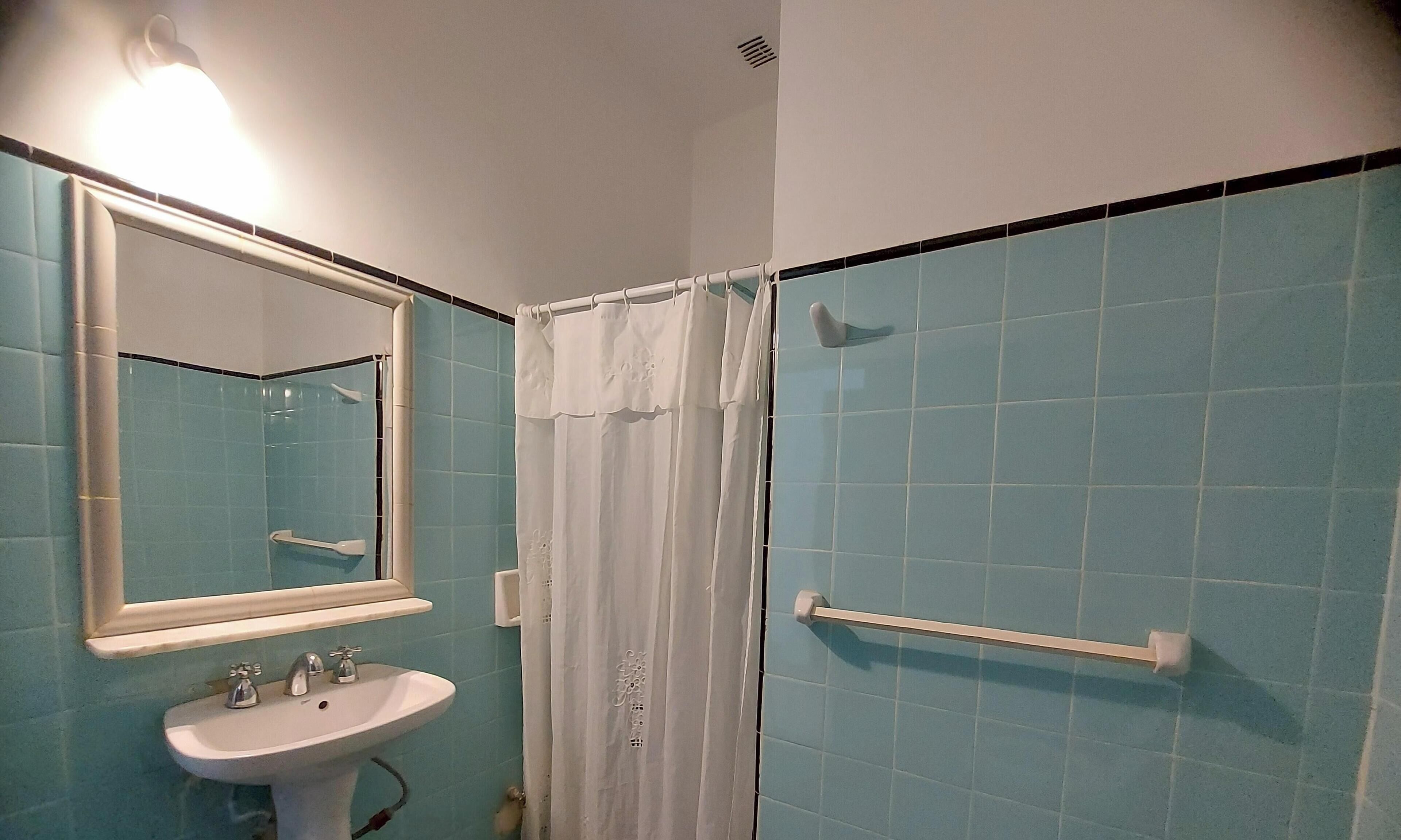 A bathroom with a sink, mirror, and shower curtain.