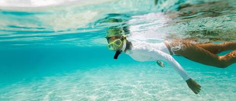 Une personne nageant sous l’eau dans une eau turquoise et cristalline.
