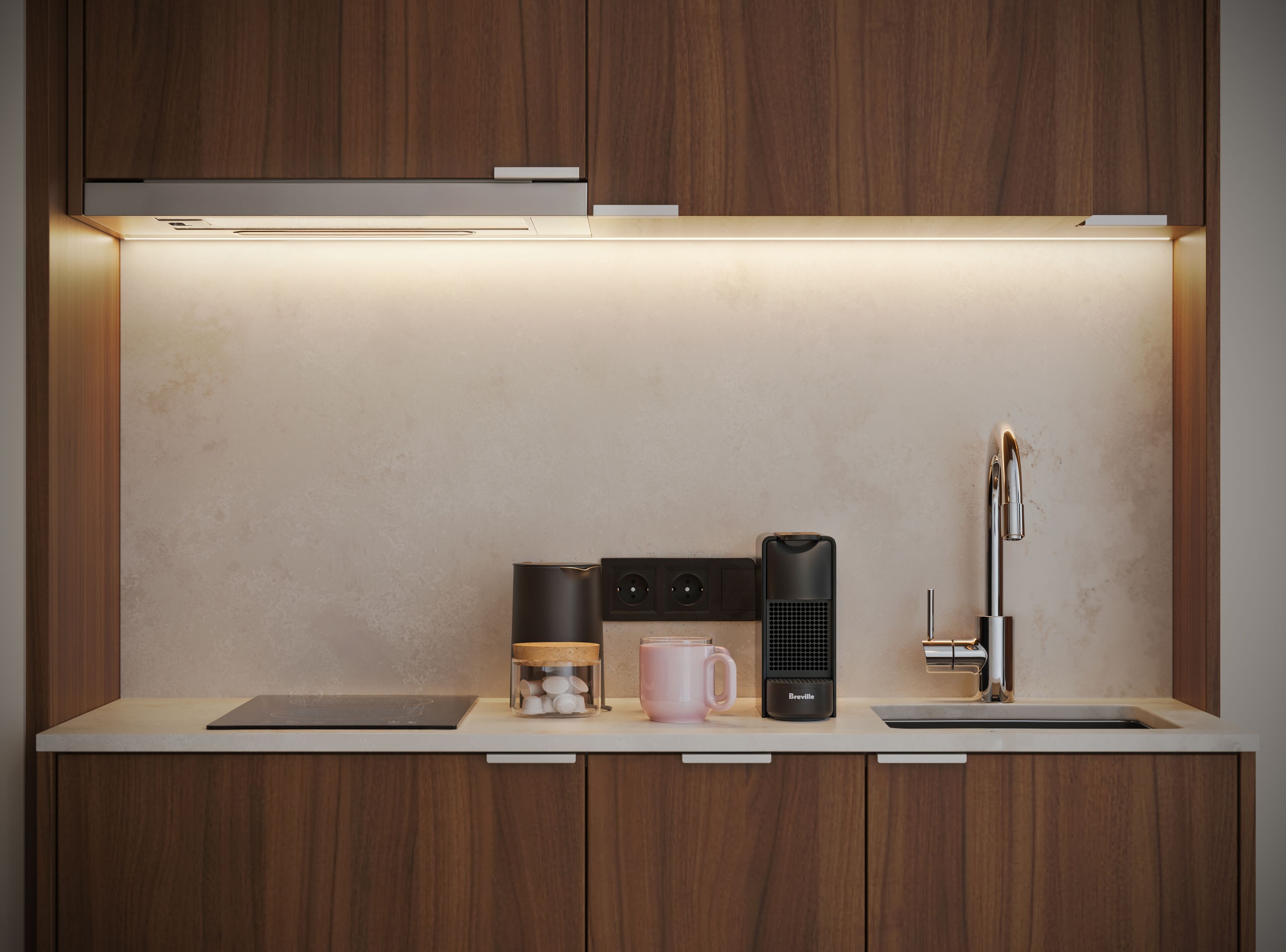 Full-size fridge, microwave, stovetop, espresso maker