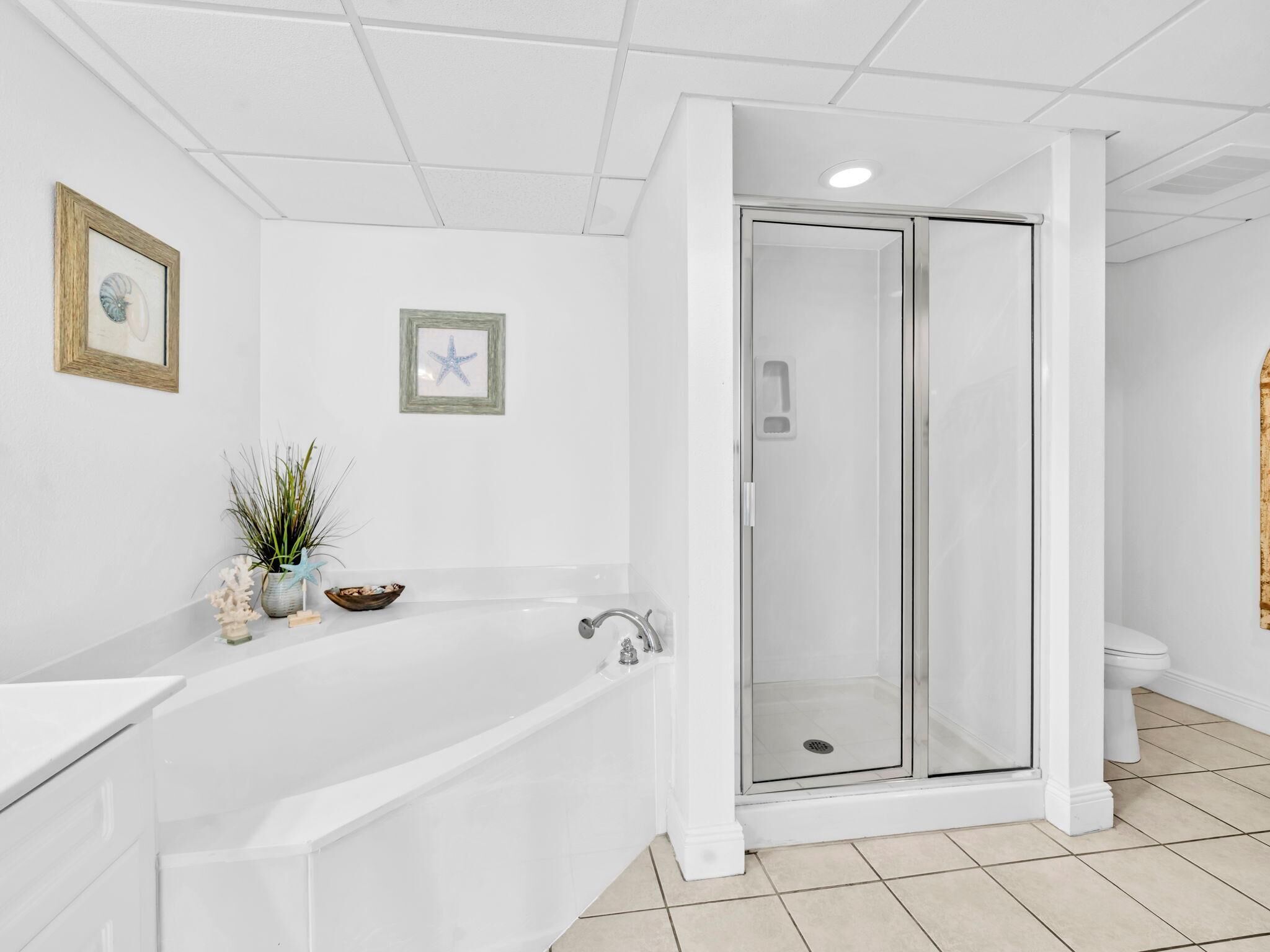 A modern bathroom with a freestanding bathtub, a glass-enclosed shower, and a toilet.