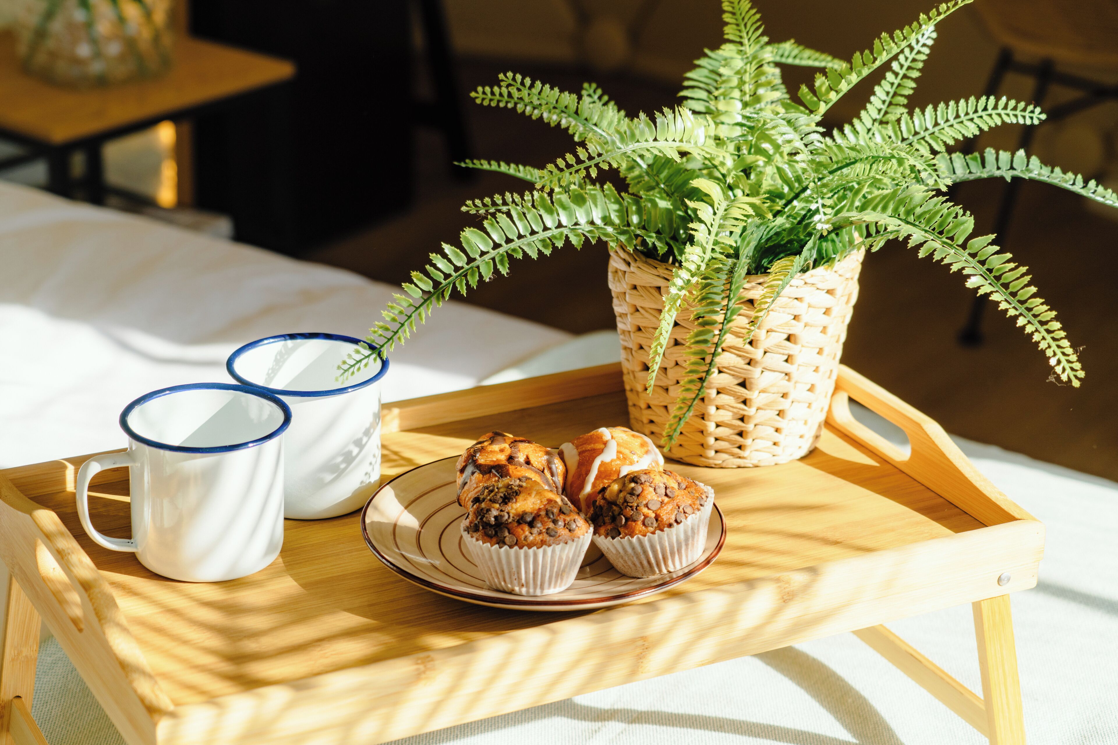 A tray with muffins and a fern plant on a wooden table.