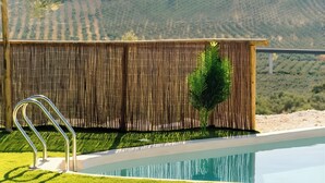 A swimming pool with a metal ladder, a bamboo fence, and a small palm tree. - El Refugio del Indio (Archidona)