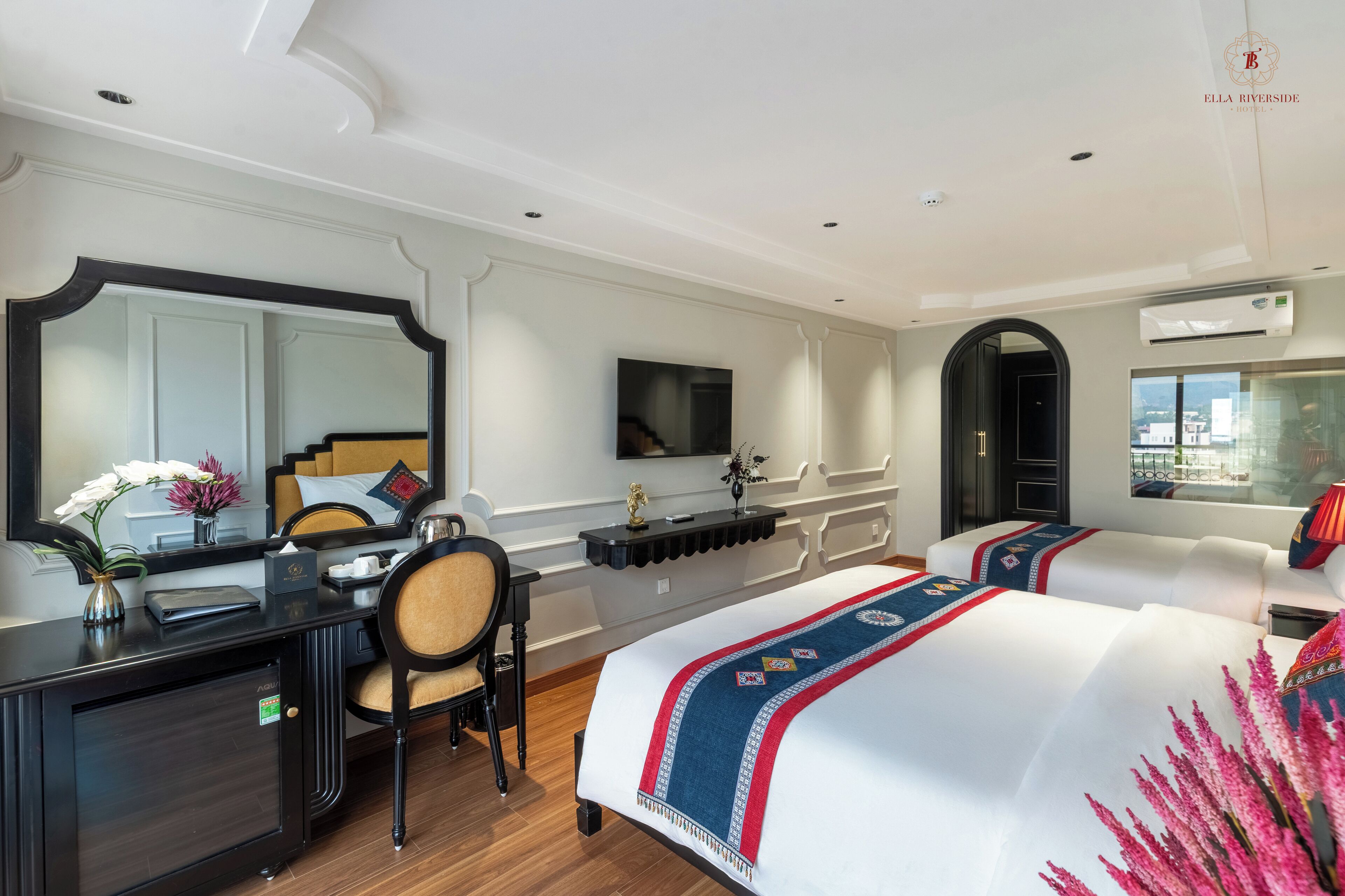 Deluxe Room, Multiple Beds, River View | Desk, laptop workspace, soundproofing, free WiFi