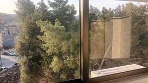 A room with a large window overlooking a cityscape with trees and buildings. - Petra Desert Hotel (Wadi Musa)